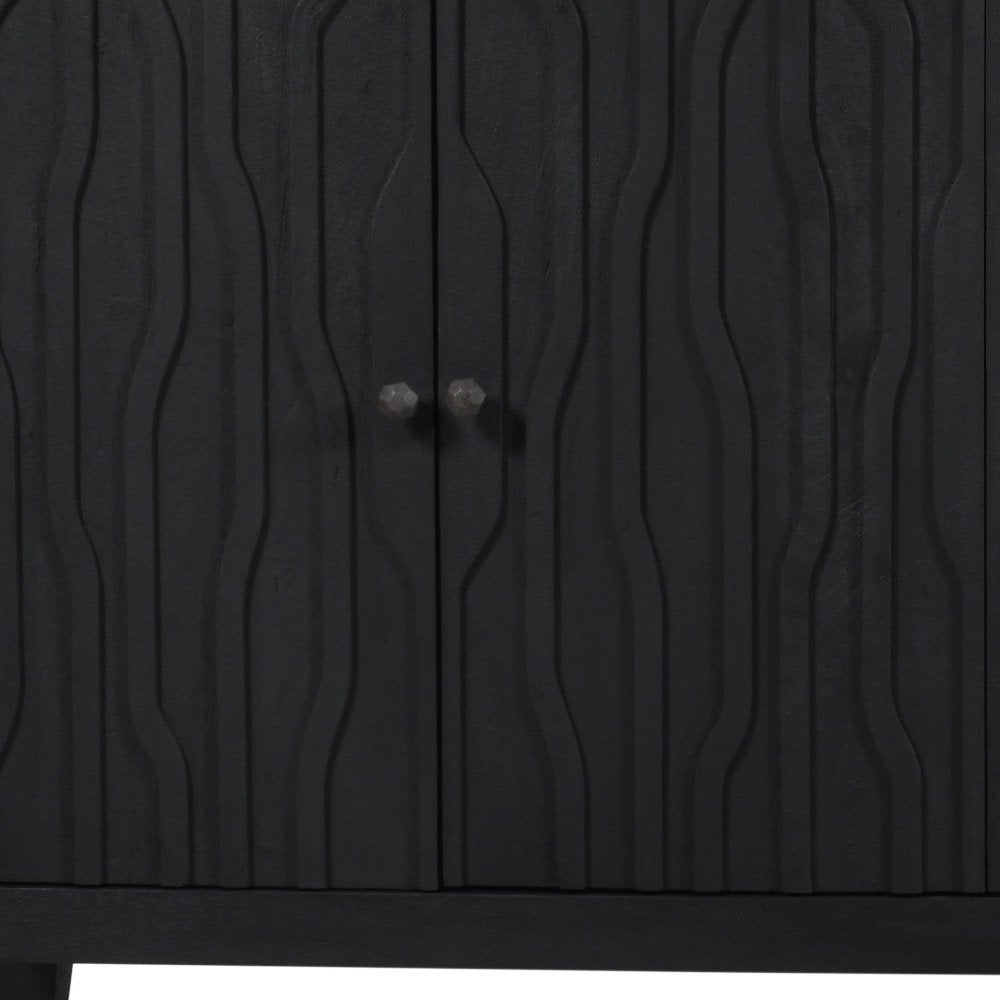 92" Graphite Distressed Reclaimed Wood Carved Geometric Sideboard With Six Doors