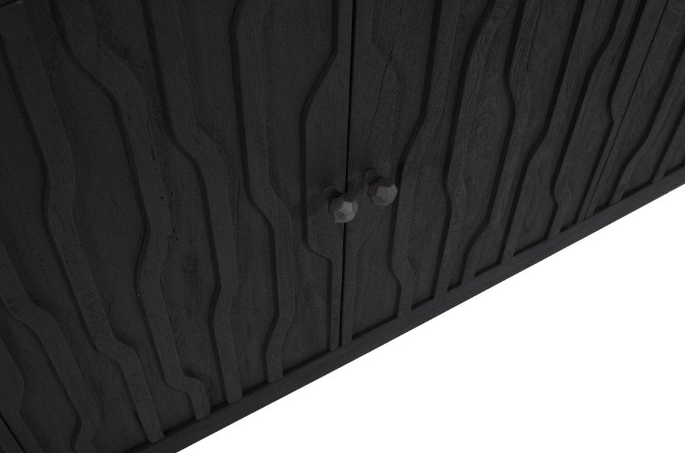 92" Graphite Distressed Reclaimed Wood Carved Geometric Sideboard With Six Doors