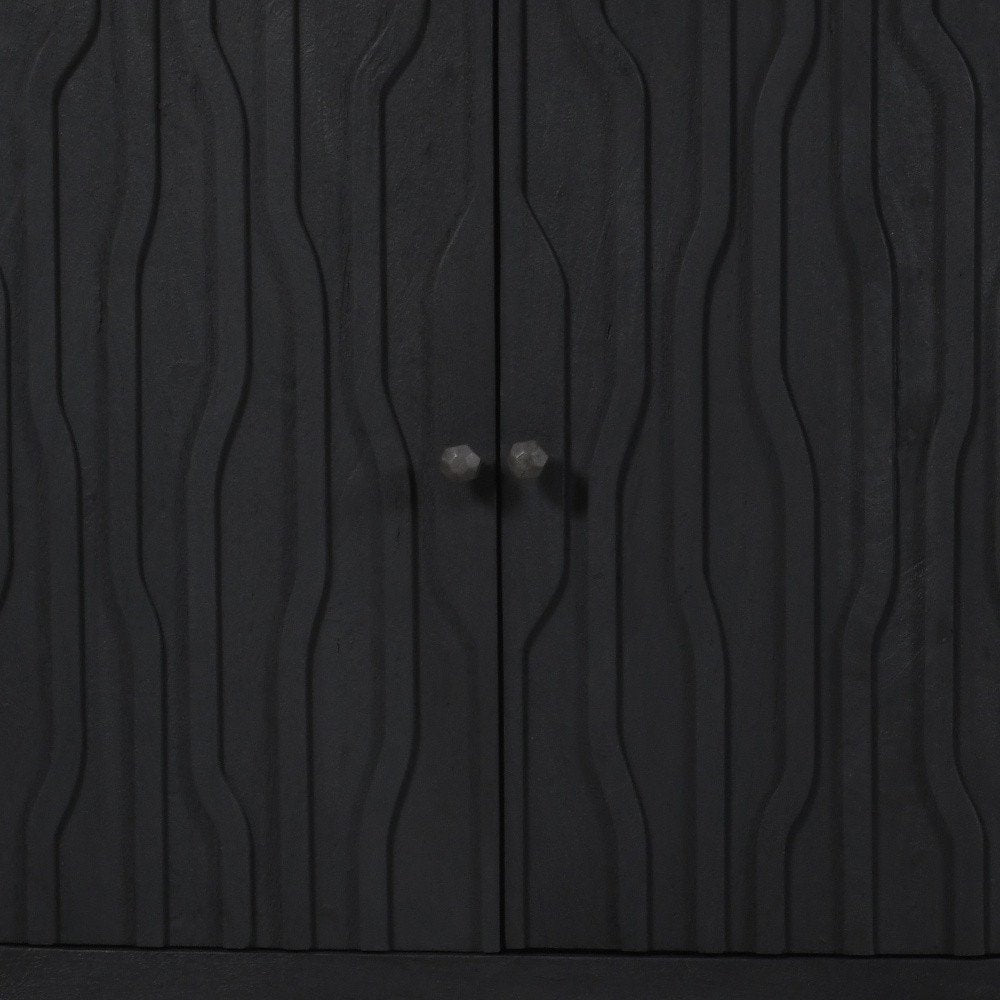 92" Graphite Distressed Reclaimed Wood Carved Geometric Sideboard With Six Doors