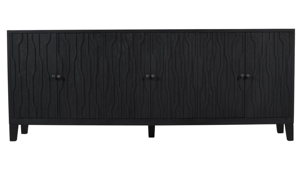 92" Graphite Distressed Reclaimed Wood Carved Geometric Sideboard With Six Doors