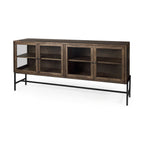 70" Black And Brown Solid Wood Sideboard Soft Close with Four Glass Doors
