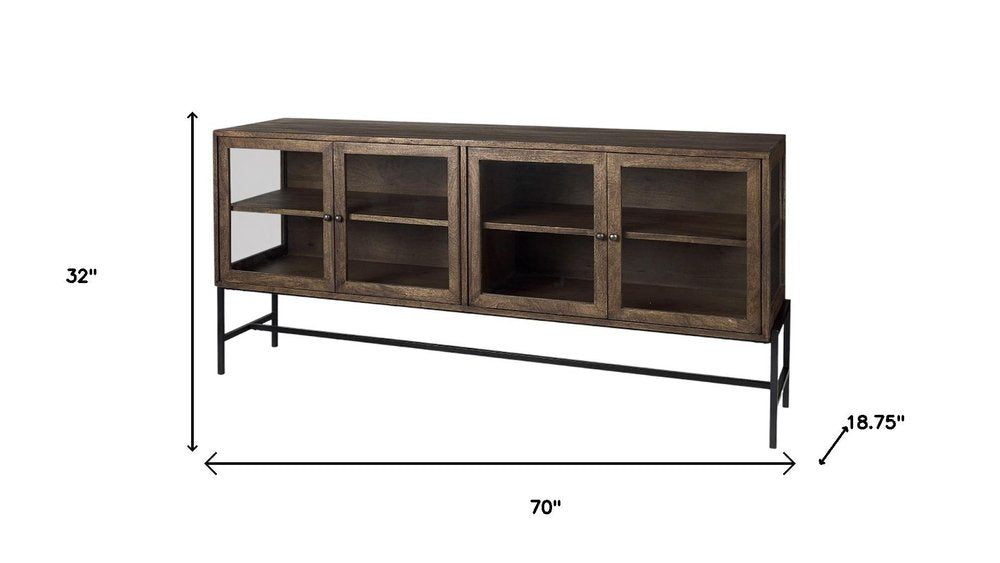 70" Black And Brown Solid Wood Sideboard Soft Close with Four Glass Doors