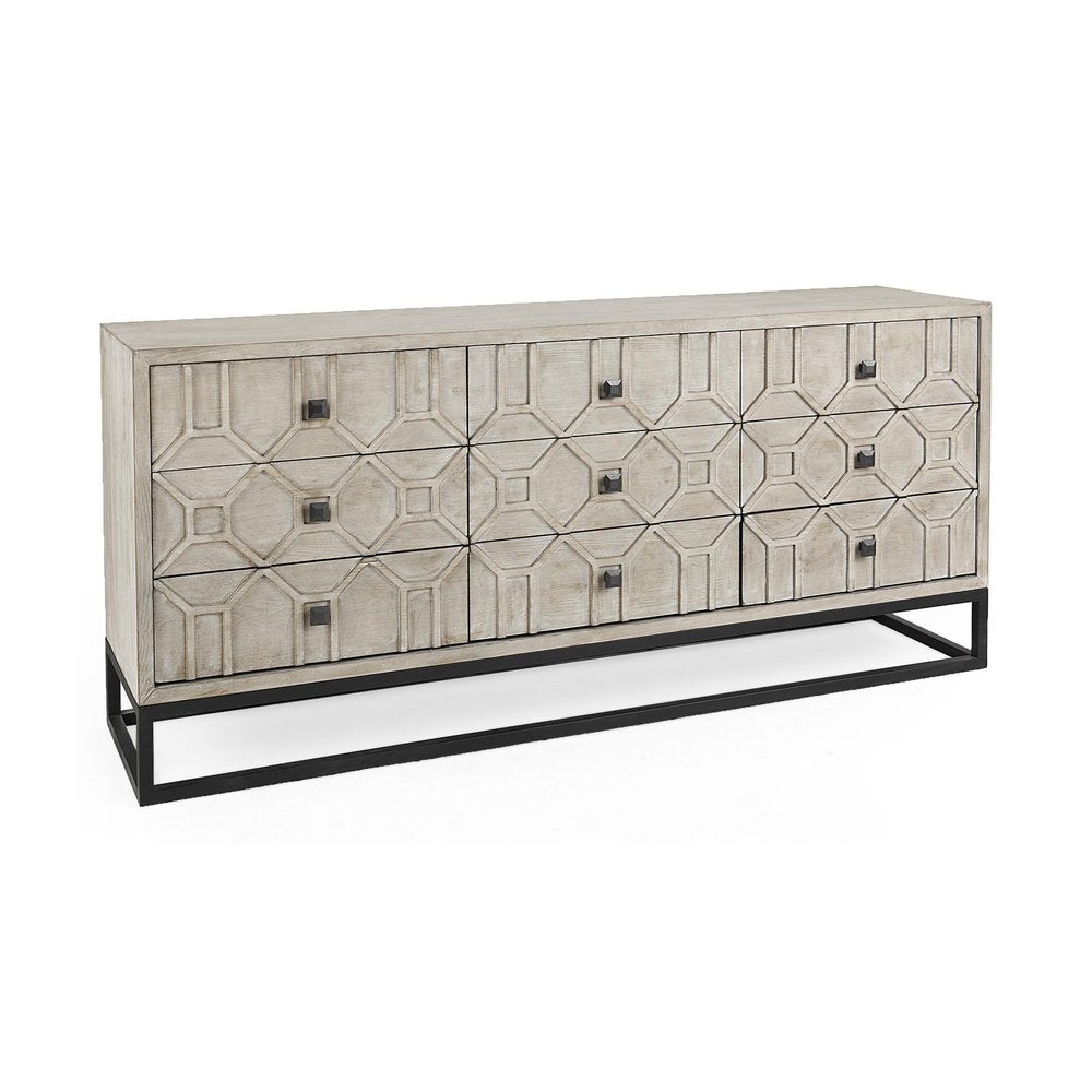 70" Light Brown Wood Carved Geometric Nine Drawer Sideboard