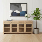 80" Light Brown Solid Wood Three Drawer Sideboard Soft Close with Four Glass Doors