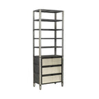 32" Dark Brown Solid Wood and Mirrored Glass Four Tier Bookcase with Three Drawers