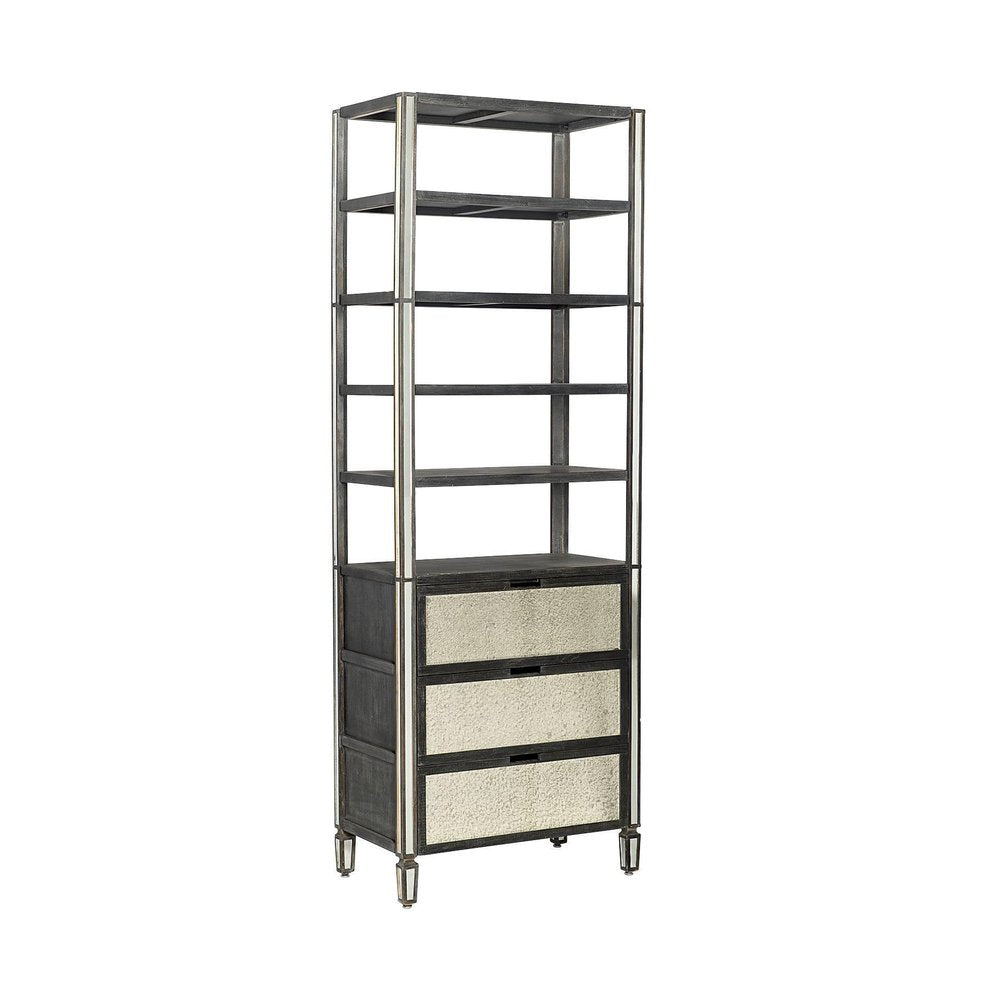 32" Dark Brown Solid Wood and Mirrored Glass Four Tier Bookcase with Three Drawers