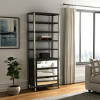 32" Dark Brown Solid Wood and Mirrored Glass Four Tier Bookcase with Three Drawers
