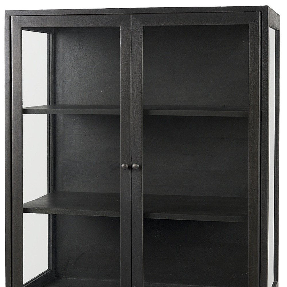36" Black Solid Wood and Metal Display Cabinet With Two Doors