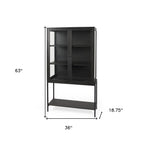 36" Black Solid Wood and Metal Display Cabinet With Two Doors