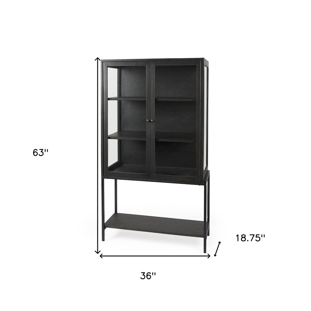 36" Black Solid Wood and Metal Display Cabinet With Two Doors