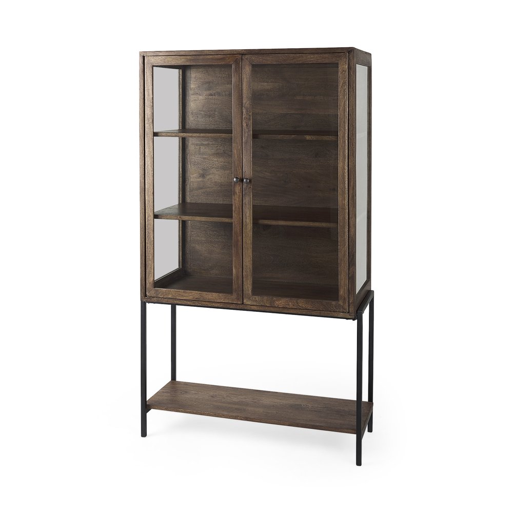 36" Brown and Black Solid Wood and Metal Display Cabinet With Two Doors