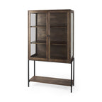 36" Brown and Black Solid Wood and Metal Display Cabinet With Two Doors