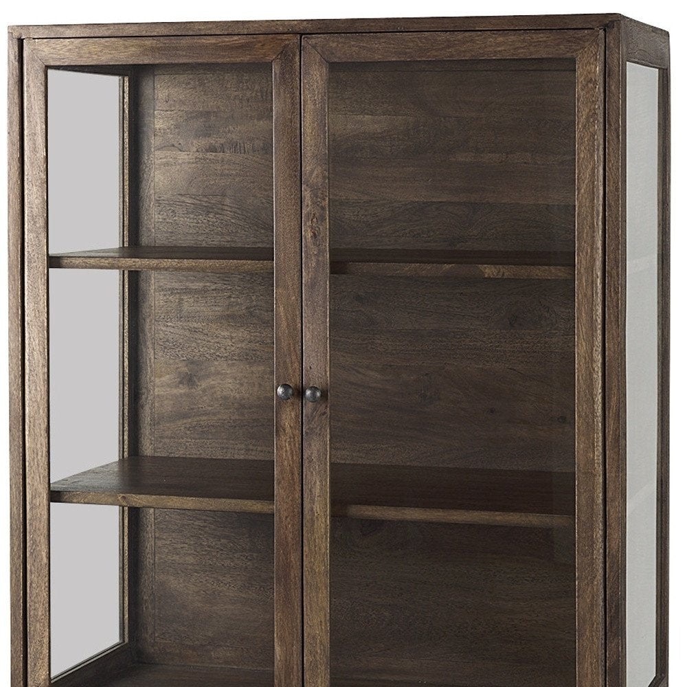 36" Brown and Black Solid Wood and Metal Display Cabinet With Two Doors