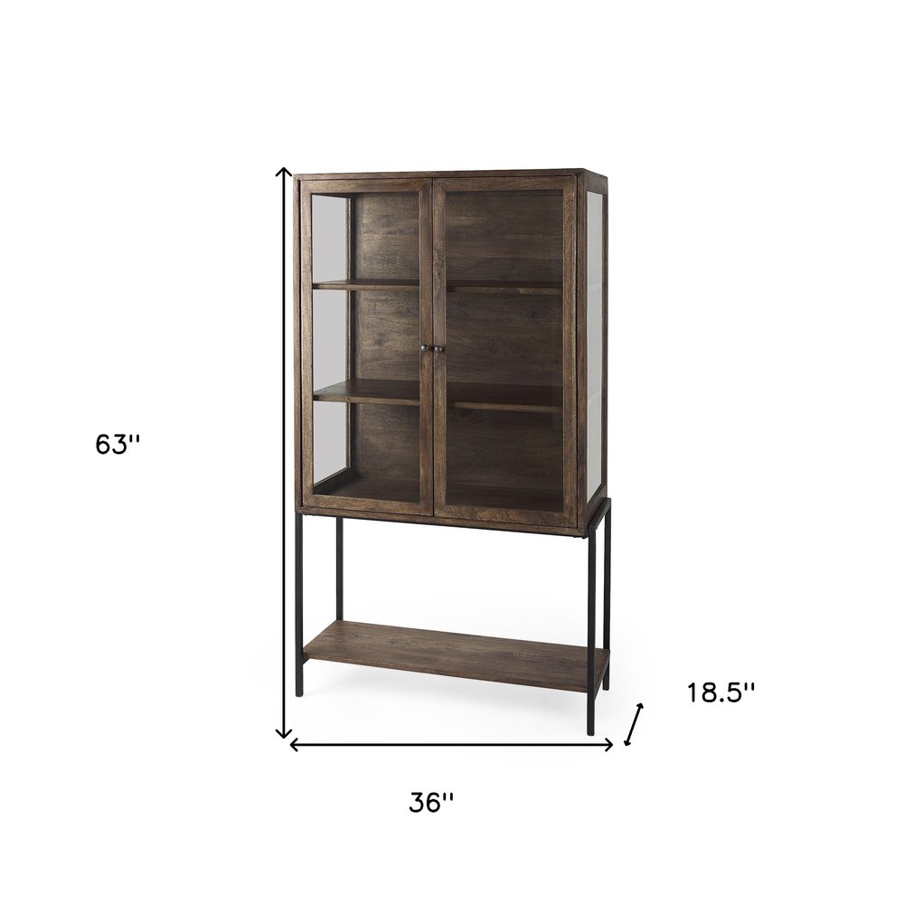 36" Brown and Black Solid Wood and Metal Display Cabinet With Two Doors