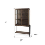 36" Brown and Black Solid Wood and Metal Display Cabinet With Two Doors