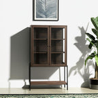 36" Brown and Black Solid Wood and Metal Display Cabinet With Two Doors