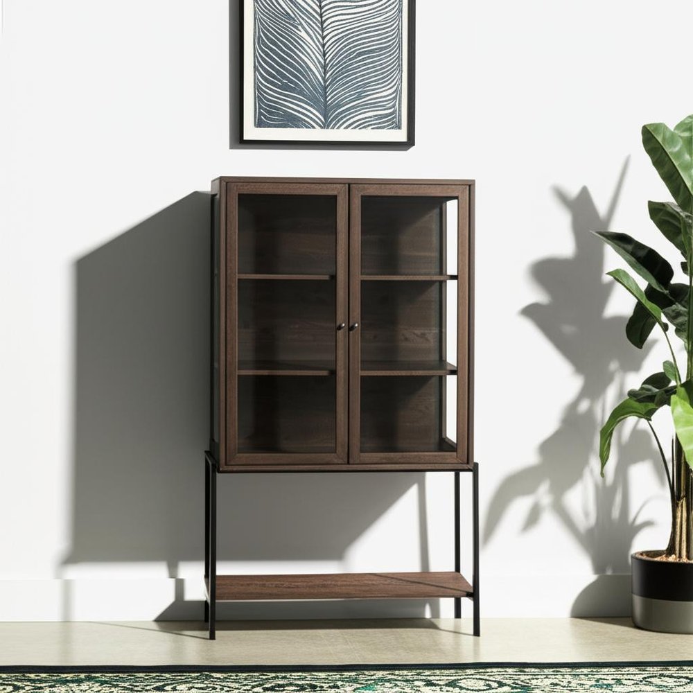 36" Brown and Black Solid Wood and Metal Display Cabinet With Two Doors