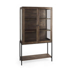 36" Brown and Black Solid Wood and Metal Display Cabinet With Two Doors
