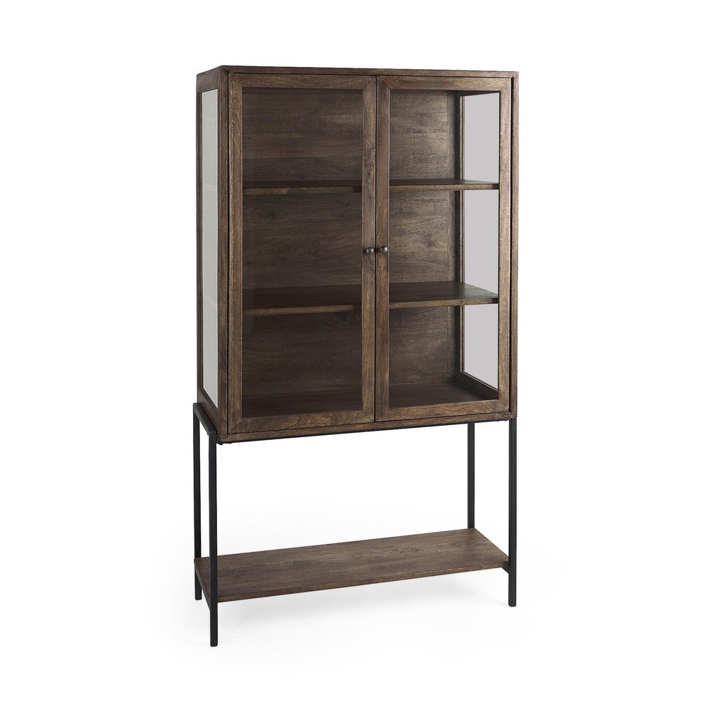 36" Brown and Black Solid Wood and Metal Display Cabinet With Two Doors