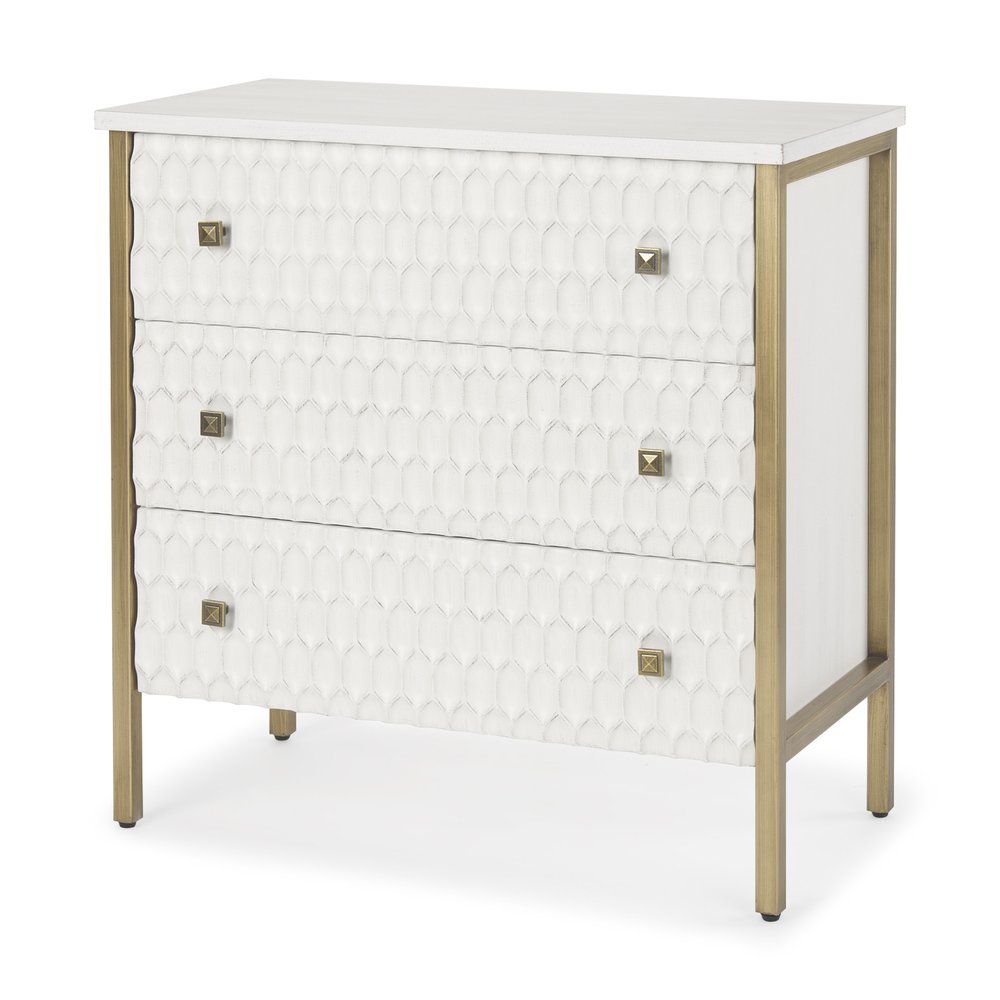 32" White and Gold Wood and Metal Carved Geometric Accent Cabinet With Three Drawers