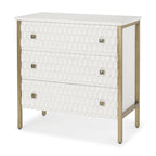 32" White and Gold Wood and Metal Carved Geometric Accent Cabinet With Three Drawers