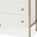 32" White and Gold Wood and Metal Carved Geometric Accent Cabinet With Three Drawers