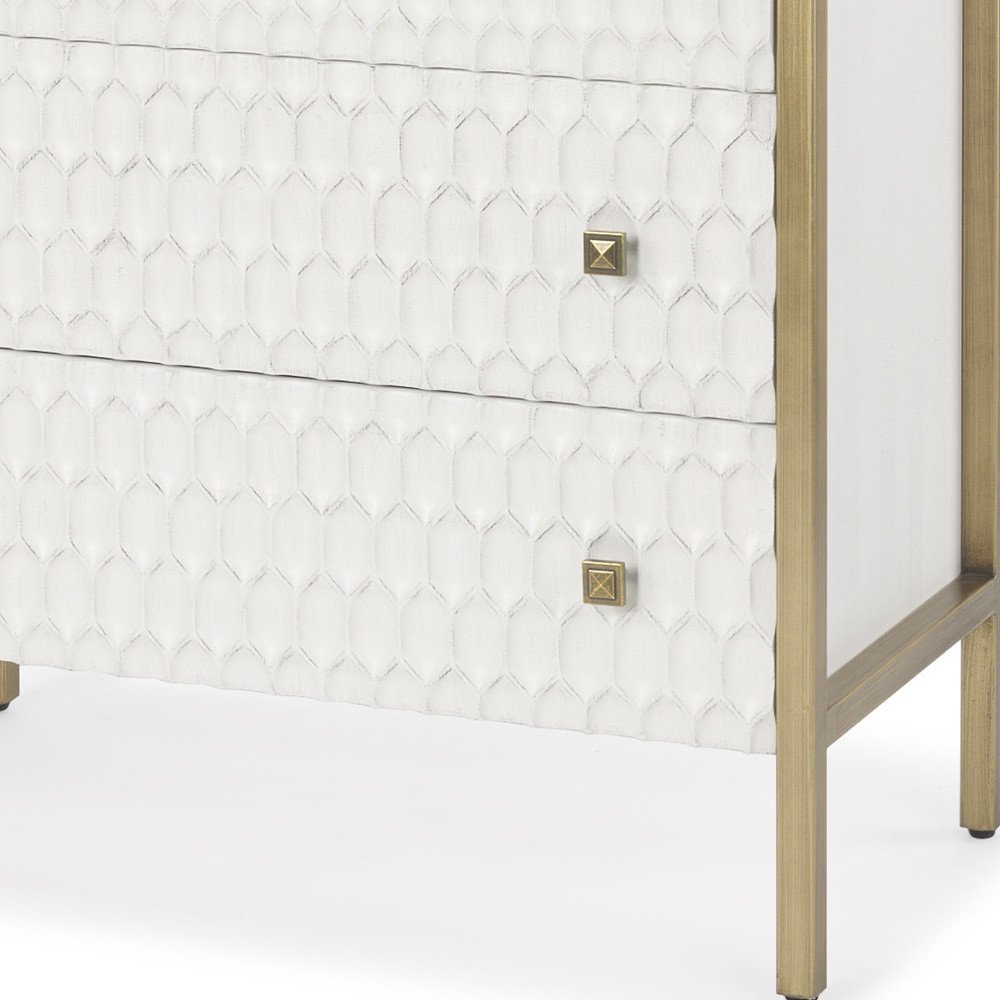 32" White and Gold Wood and Metal Carved Geometric Accent Cabinet With Three Drawers
