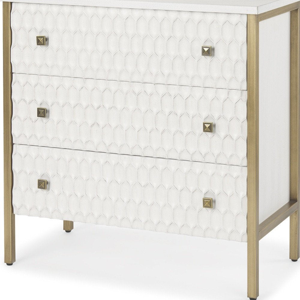 32" White and Gold Wood and Metal Carved Geometric Accent Cabinet With Three Drawers
