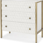 32" White and Gold Wood and Metal Carved Geometric Accent Cabinet With Three Drawers