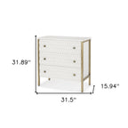 32" White and Gold Wood and Metal Carved Geometric Accent Cabinet With Three Drawers