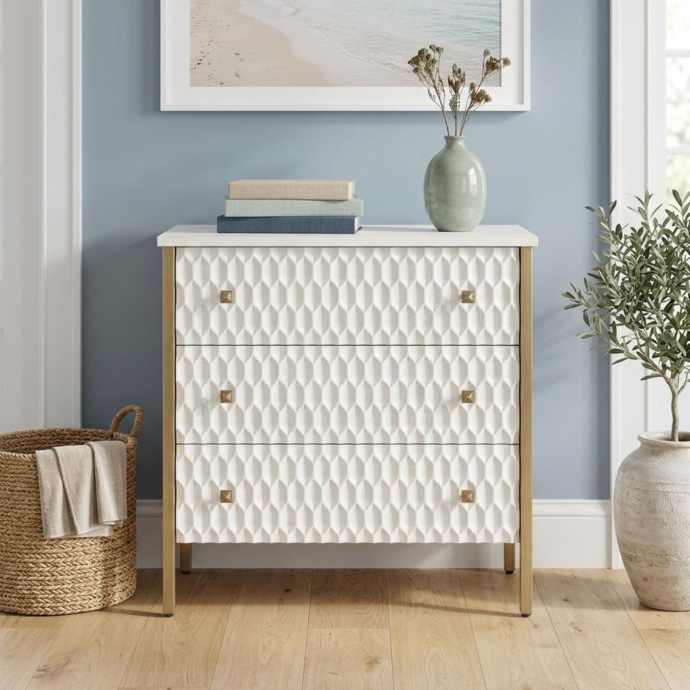 32" White and Gold Wood and Metal Carved Geometric Accent Cabinet With Three Drawers