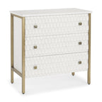 32" White and Gold Wood and Metal Carved Geometric Accent Cabinet With Three Drawers