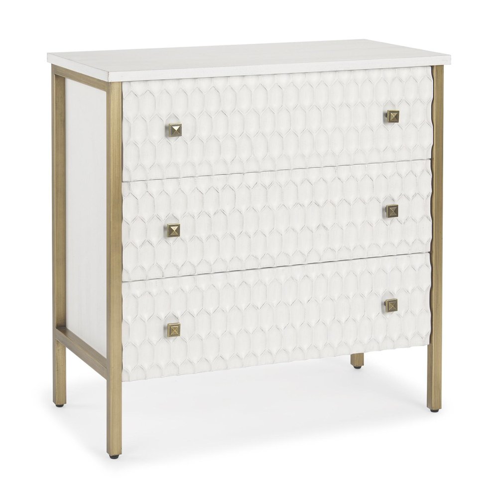 32" White and Gold Wood and Metal Carved Geometric Accent Cabinet With Three Drawers