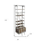 32" Light Brown And Nickel Metal and Solid Wood Five Tier Library Bookcase with Two Drawers