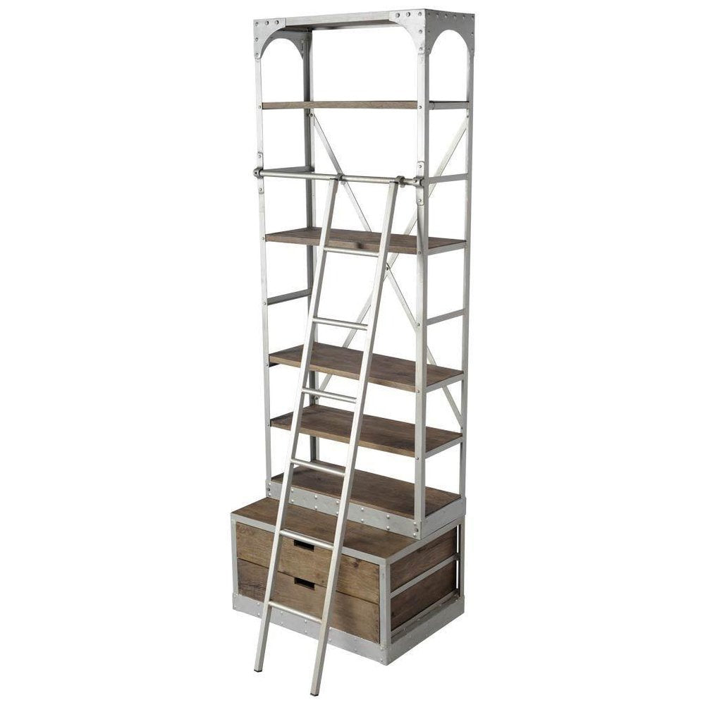32" Light Brown And Nickel Metal and Solid Wood Five Tier Library Bookcase with Two Drawers