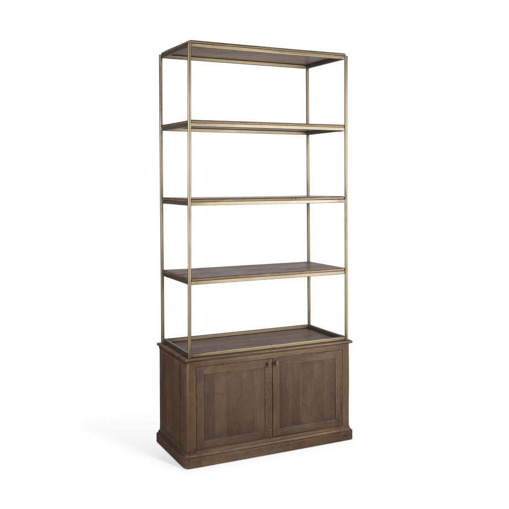 42" Antiqued Brass And Brown Distressed Metal and Solid Wood Four Tier Bookcase with Two Doors
