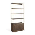 42" Antiqued Brass And Brown Distressed Metal and Solid Wood Four Tier Bookcase with Two Doors