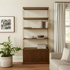 42" Antiqued Brass And Brown Distressed Metal and Solid Wood Four Tier Bookcase with Two Doors
