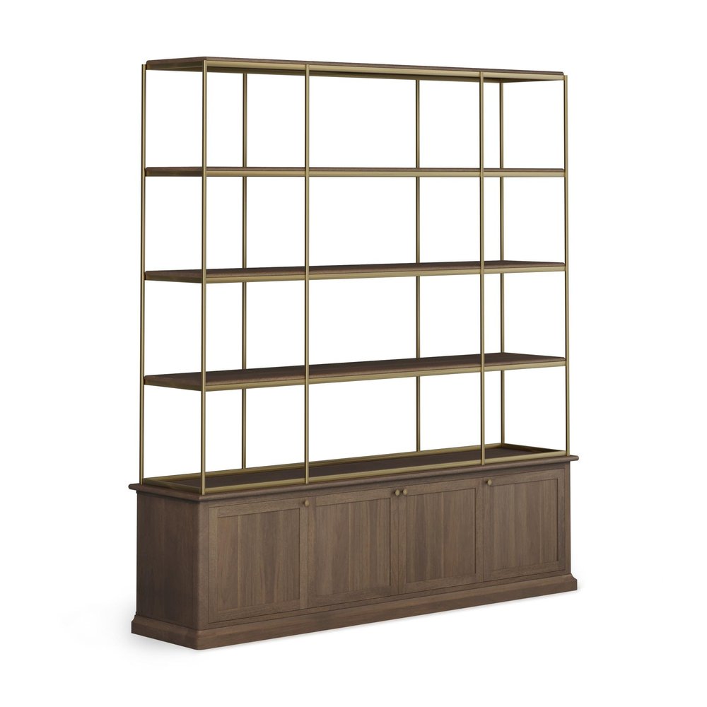 82" Antiqued Brass And Brown Distressed Metal and Solid Wood Four Tier Bookcase with Four Doors