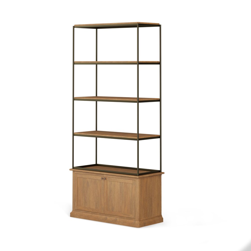 42" Antiqued Brass And Light Brown Distressed Metal and Solid Wood Four Tier Bookcase with Two Doors