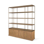 82" Antiqued Brass And Light Brown Distressed Metal and Solid Wood Three Tier Bookcase with Four Doors