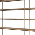 82" Antiqued Brass And Light Brown Distressed Metal and Solid Wood Three Tier Bookcase with Four Doors