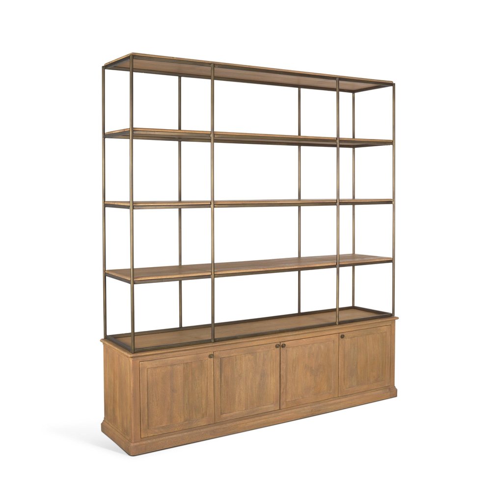 82" Antiqued Brass And Light Brown Distressed Metal and Solid Wood Three Tier Bookcase with Four Doors