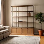 82" Antiqued Brass And Light Brown Distressed Metal and Solid Wood Three Tier Bookcase with Four Doors