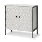 32" White and Gray Wood and Metal Carved Geometric Accent Cabinet With Two Doors