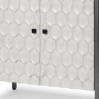 32" White and Gray Wood and Metal Carved Geometric Accent Cabinet With Two Doors