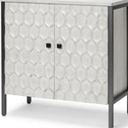 32" White and Gray Wood and Metal Carved Geometric Accent Cabinet With Two Doors