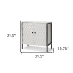 32" White and Gray Wood and Metal Carved Geometric Accent Cabinet With Two Doors