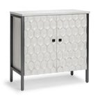 32" White and Gray Wood and Metal Carved Geometric Accent Cabinet With Two Doors