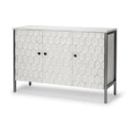 47" White and Gray Wood and Metal Carved Geometric Accent Cabinet With Three Doors